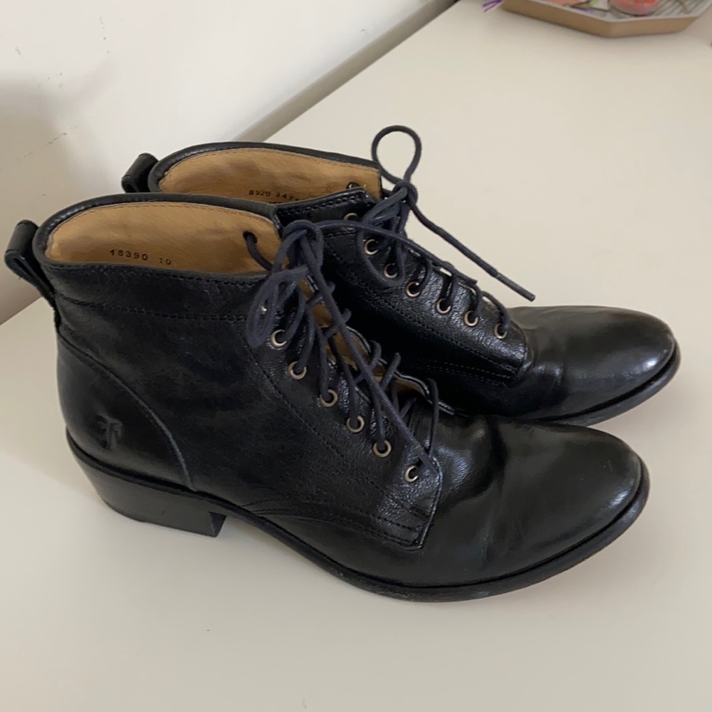 Frye Black Leather Lace Up Booties